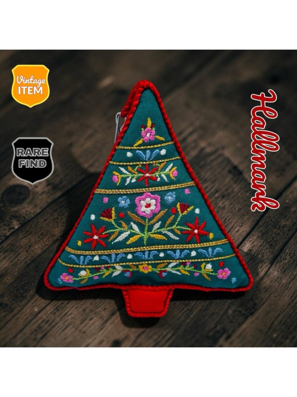 Vintage Felt Hallmark Embroidered Christmas Tree Hanging Ornament Decoration.